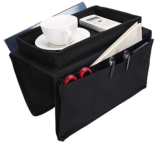 Ejoyous Sofa Armrest Organizer, 4 Pockets Couch Bag for TV Remote Control, Oxford Cloth Armchair Storage with Cup Holder Tray (Black)