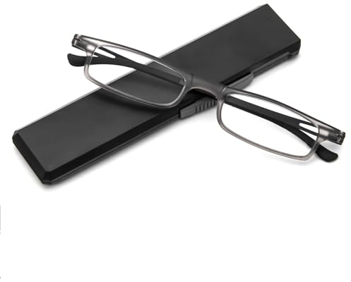 KoKoBin Kompakte Lesebrille mit Blaulicht- und UV-Schutz, ultradünne und ultrafeine TR90-Lesebrillen mit tragbarem, flachem Brillenetui, für Männer und Frauen (Grau, 1.5, Dioptrien)