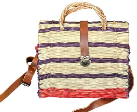 Panier jonc portugais. Avec fermeture et sangle. Modèle Rayes. 25 cm.