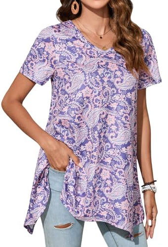 Enmain Camiseta Mujer Manga Corta Top Túnica Larga Cuello de Pico Blusa Elegante y Cómoda Talla Grande Tops Estampadas T Shirt para Mujeres,Lila,XXL