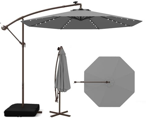 COSTWAY 2.9M/3M Garden Cantilever Parasol, Outdoor Offset Banana Hanging Umbrella with LED Lights, Crank Handle and 360° Rotation, Water-proof Sun Shade Canopy (3M, Dark Gray, with 40 Lights)