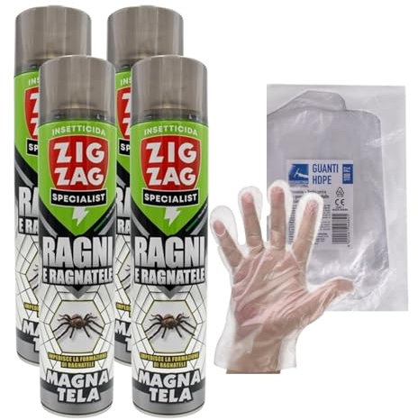 ZigZag Magnatela Insetticida Ragni, Azione Residuale, Efficacia Immediata, Protezione Elevata, Facile Utilizzo, Evita Formazione Ragnatele, 600ml+OMAGGIO 100pz Guanti HDPE Monouso (4 Spray+1CF Guanti)