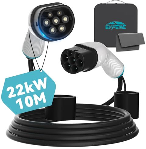 EVPEIWE 22KW 32A Type 2 Câble de Recharge Voiture Electrique| Triphasé | 10 Mètres |Type 2 à Type 2 Câble de Chargeur pour EV/PHEV pour Model S/X/Y/3 avec Sac de Transport, Certification CE TÜV IP55