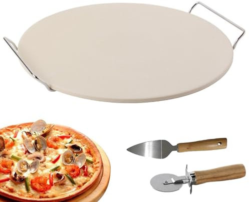 Pizza Stone, Pizza Stone Plate, Round Pizza Stone, Diameter 33 cm, with Metal Holder, Pizza Stone Plate, High-Quality Pizza Stone Made of Cordierite, Pizza Stone for Oven and Grill, Baking Stone for