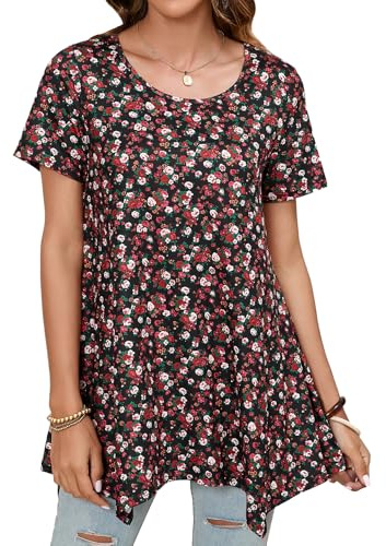 Enmain Tunique Femme Manche Courte Été Tuniques Longue Grande Taille Chic et Élégant Blouse Haut Ample Fleurie T-Shirt Chemisier Noir 2XL