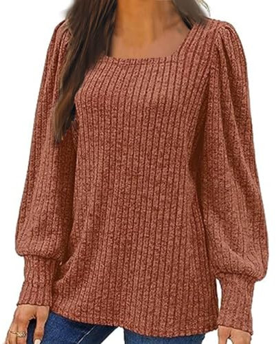 Oberteile für Damen, elegant, Puffärmel, geknotet, quadratischer Ausschnitt, lockerer Schnitt, einfarbig, leicht, zum Ausgehen, bequem, lang, unifarben, Tunika-Pullover, 01 Kaffee, L