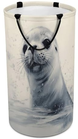 Harfe Seal Malerei Wäschekorb Wasserdicht Wäschekorb Wasserdicht Runder Schmutziger Wäschekorb mit Griff Faltbarer Waschkorb Aufbewahrungskorb für Kleidung und Spielzeug