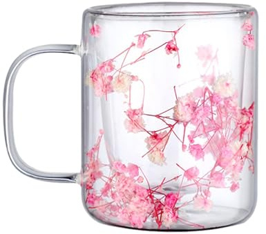 Tazze da caffè a doppia parete, 250 ml, in vetro, con fiori secchi, trasparente, con manici, tazza in vetro con fiori, bicchieri estetici per latte, tè, succo, vino