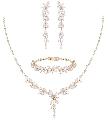 EVER FAITH Cubic Zirkonia Schmuck Set für Braut Brautjungfer, elegante Marquise Blatt Blume Hochzeit Halskette baumeln Ohrringe Armband für Damen Klar Gold-Ton