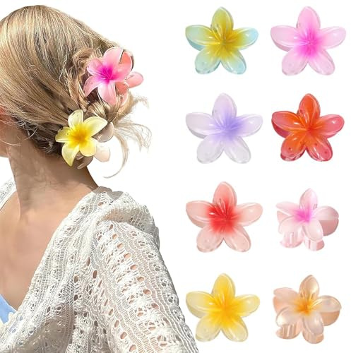 Roysmart Pinces à cheveux en forme de fleur hawaïenne, 8 couleurs, antidérapantes, grandes pinces à cheveux pour cheveux épais, en forme de fleur pour femmes et filles
