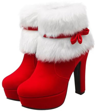 GALPADA Stivaletti Natalizi Stivali Rossi Da Babbo Natale Da Donna Stivale Di Peluche Natalizio Scarpe a Stivaletto Scarpe Natalizie Da Donna Claus Nevicare Rosso Pelliccia Artificiale
