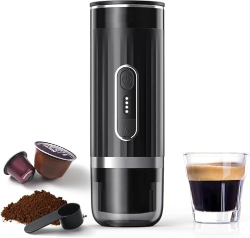 Sonhomay Macchina per caffè espresso portatile, macchina da caffè elettrica, auto-riscaldante, 15 bar, mini caffettiera per capsule NS, caffè macinato, casa, campeggio, viaggi, escursionismo, ufficio,