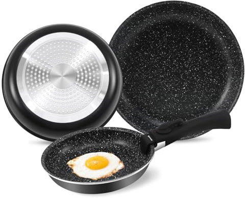 Dixmas Set de 3 Poêles 20/24/28 cm Batterie de Cuisine Antiadhesive - Poêle Grill Viande avec Poignée Détachable Tout Feux dont Induction