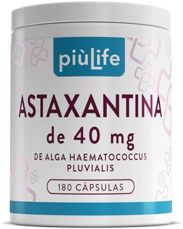 Astaxantina Natural Pura PiùLife, 180 Cápsulas, 2 al Día | 40 mg De Alga Haematococcus Pluvialis, Antioxidante Contra Radicales Libres, Suplemento Piel, Vista, Alta Biodisponibilidad