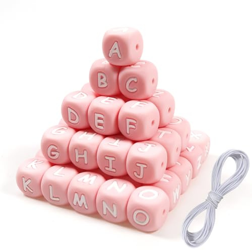TOAOB 52 Stück Buchstabenperlen aus Silikon für Armbänder 12 mm Rosa und Weiß Würfel Große Alphabet Perlen und 2 m Faden für Halsketten Modeschmuck DIY Phone Ketten Schlüsselanhänger