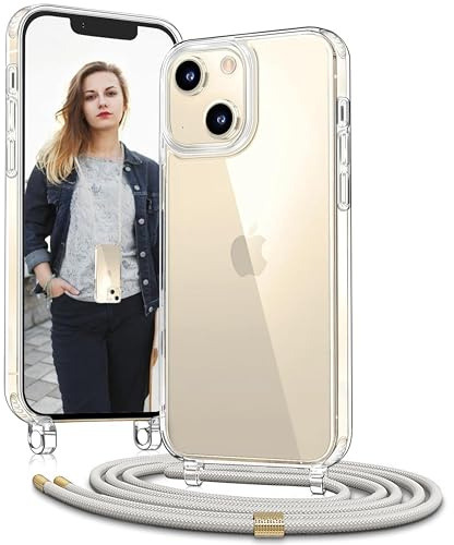 OLEPHY Handykette für iPhone 15 Hülle mit Band, Beige | Necklace Handyhülle, Transparente Schutzhülle zum Umhängen [Verstellbarem und Demontage Umhängeband],