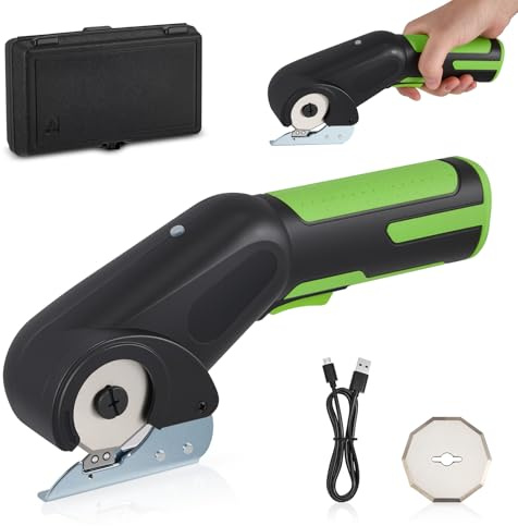 Cordless Electric Scissors, Rechargeable Fabric Scissor with 2 Cutting Blades, 5V 2.0Ah Battery, Safety Lock Rotary Cutter for Cutting Cardboard, Leather, Carpet, Fabric, Felt, Includes Storage Box