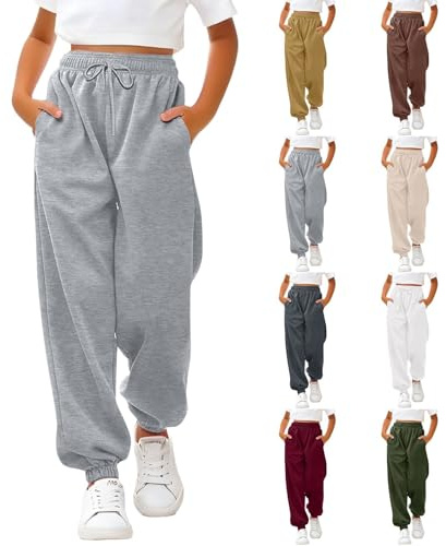 Girls Boys Baggy Joggers Elasticated Waist School Sweatpants with Drawstring Pockets Plain High Waisted Sports Trousers PE Running Pants Jogging Bottoms