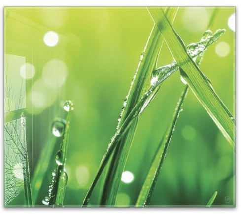 Herdabdeckplatte 60x52 cm ESG Glas | Grünes Gras Wiese Tautropfen Natur | Herd Abdeckung für Ceranfeld Schneidebrett Glasplatte Induktion