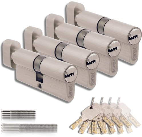 Set di 4 Cilindri con Pomello in Ottone 45/45mm con Chiave Unica, 20 Chiavi Incluse, 8 Viti, Serrature Universali per Porte e Garage, Lunghezza 90mm, Montaggio Facile