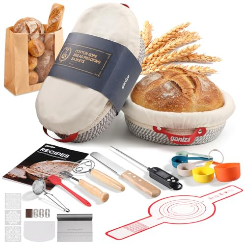 Ganiza Sourdough Starter Kit, Cotton Rope Sourdough Bread Baking Supplies, 9'' Round & 10'' Oval Banneton Basket with Liners & Covers, Sourdough Proofing Basket Kit Gifts for Bakers Women Wife Mom