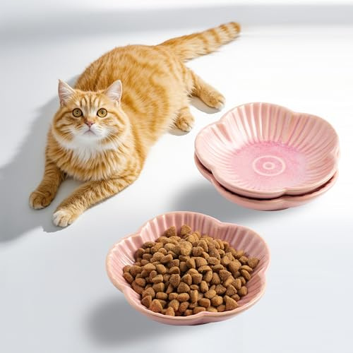Cat Food Bowls, Ceramic Pet Plates, Cat Dish for Food, Water and Snack, 4.72 Inch, Indoor and Outdoor Use, Kitten Puppy and Small Animals Bowls Set of 3 (Pink)