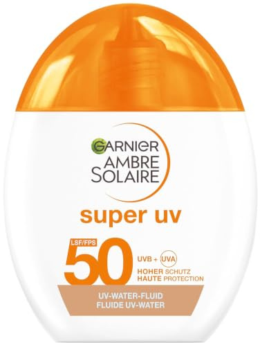 Garnier Ambre Solaire Super UV UV-Water-Fluid LSF 50 – Getönte Sonnencreme für das Gesicht – 12h Frische & Dry-Touch Effekt – Zieht schnell ein, strahlender Glow & nicht fettend – 40ml