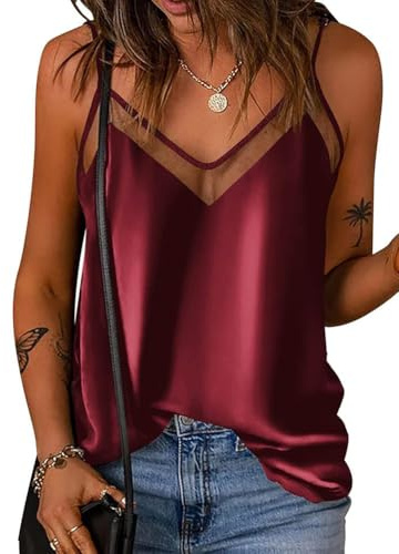 Generisch Gilet d'été en satin pour femme - Col en V - Sans manches - Sexy - Camisole - Haut basique - Satin - Soie - Gilet - Chemisier - Maillot de corps - Col en V - Pour femme, A bordeaux, S