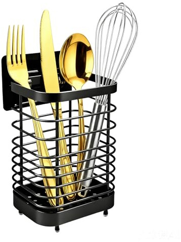 Bylauyet Stainless Steel Cutlery Holder for Kitchen Sink – Rustproof Utensil Caddy with Drainage Base, Non-Slip, Space Saving Organizer (Black)