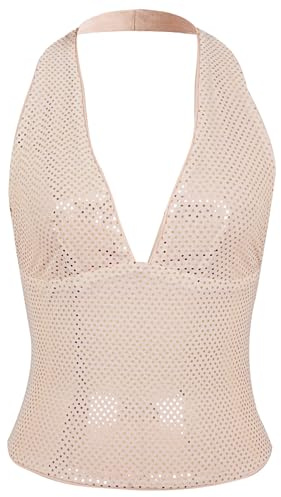 Maeau - Y2K paljettlinne dam djup V-ringning rygglös ärmlös topp sommar S–XL, Champagnefärg, L