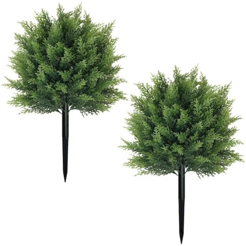Ppmter 2 Pcs Artificial Cedar Topiary Ball Trees with Ground Spike, UV Resistant Faux Cypress Plants, Evergreen Shrubs Bushes for Porch Garden Backyard Decor