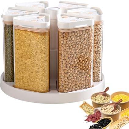 Dispensador giratorio de cereales – Almacenamiento de cereales giratorio de 6 rejillas con diseño de gran capacidad | Soporte de cereales para harina, avena, aperitivos, cocina, despensa, encimera