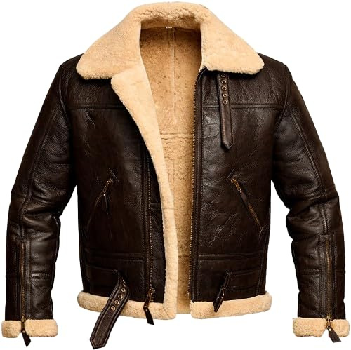 Herr äkta skjuvning fårskinn läder aviator jacka – brun B3 bomber vinterjacka med päls Colla, Mörkbrunt, XL