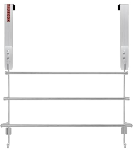 TIUTCOX Over The Door Towel Rack, 304 Stainless Steel Towel Racks for Bathroom with 3-Tier Adjustable Pole, 2 Punch-Free Screw Stickers, 22.83 * 17.71-29.52 * 6.14 Inch, Silver