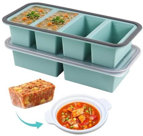 2 Stück Silikon Gefrierform, 2000ml Große Einfrieren Behälter mit Deckel | Gefrierbehälter Souper Cubes Set, Eiswürfelform Silikon für Suppe Brühe Sauce Eiswürfel BPA-free(4+2 Kavität)