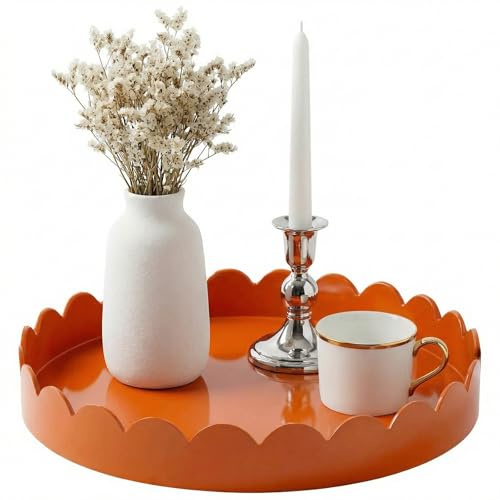 Simmer Stone 13 Round Scalloped Tray for Coffee Table Decor & Centerpiece, Glossy Lacquer Style Serving Tray for Ottoman, Vanity & Entryway, Modern Waterproof Catchall Tray (Orange)