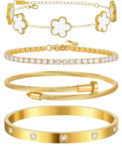 XIWCAFC 4 Pièces Bracelet Femme Or Trefle à 4 Feuilles Réglable Bracelets Acier Inoxydable Plaqué Or 18 Carats Bracelet jonc en Zircon Cubique Ensemble Bracelets Bijoux Cadeaux pour Femme