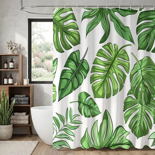 Tenda Doccia 180x200 cm, Colore Senape Monstera Deliziosa Tenda da Doccia Vasca in Impermeabile Poliestere con Orlo Ponderato, Tessuto Asciugatura Rapida, Tende Vasca da Bagno Angolare, K-O4929