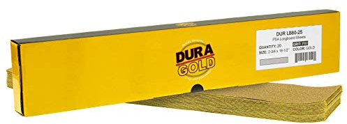 Dura-Gold Premium 80 Grit Gold Pre-Cut PSA Longboard Sandpaper Sheets, Box of 20, 2-3/4 x 16-1/2 Self-Adhesive Stickyback Sandpaper for Automotive, Woodworking Air File Sander, Hand Sanding Block