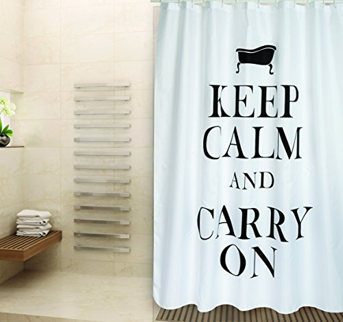 MSV Cotexsa by Premium Anti-Schimmel Textil Duschvorhang - Anti-Bakteriell, waschbar, 100% wasserdicht, mit 12 Duschvorhangringen - Polyester, „Keep Calm and Carry on“ weiß 180x200cm – Made in Spain