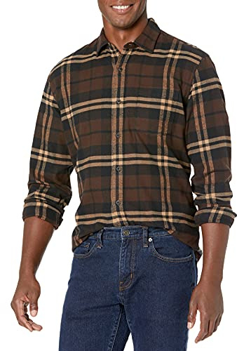 Amazon Essentials Herren Langarmhemd aus Flanell (in Übergröße erhältlich), Dunkelbraun Karomuster, XXL