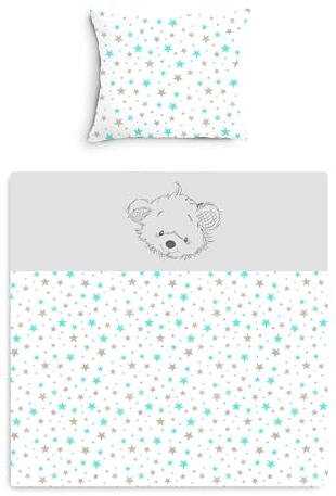 Amilian Baby Bettwäsche Set 2-teilig – 80x80 & 35x40 cm – Kinderwagen, Wiegen, Stubenwagen geeignet – Bettwäsche für Jungen und Mädchen – 100% Baumwolle - Sternchen KLEIN Türkis/Hellgrau mit BÄREN