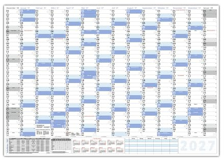 XXL Wandkalender DIN B1 2027 blau, nass abwischbar Format 100 x 70cm Jahresplaner Wandplaner gerollt Neutraler Kalender Feiertage aller Bundesländer