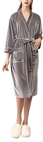 DAIHAN Peignoir Velours Femme Homme Robe de Chambre Kimono Chemise de Nuit Robe de Nuit avec 2 Poches Vêtements de Nuit,Gris-Femmes,L-XL