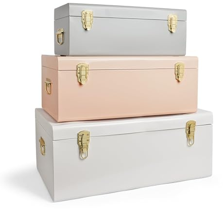Beautify Storage Trunks, Set of 3 Pastel Stainless Steel Storage Chests w/Gold Detailing, Stackable Bedroom Chest Organiser w/Lockable Lids, Sturdy Multi-Purpose Bedding, Blanket & Toy Box