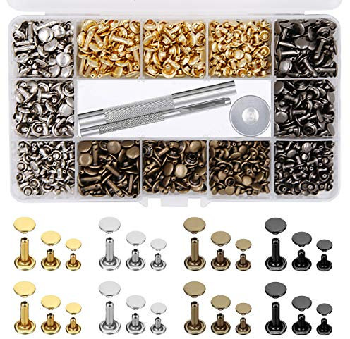 EuTengHao 484-piece leather rivets double cap rivet tube metal rivets 3 sizes with punching pliers and 3-part setting tool for the repair of leather craft repairs 4 colors