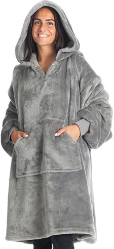 Kanguru - Felpa Coperta con Cappuccio, Plaid Pile Oversize con maniche, Hoodie, Pigiama Invernale, Vestaglia, Idea Regalo Compleanno Natale Donna Uomo, Soffice per Divano, 90x95 cm Fluffi Grigio