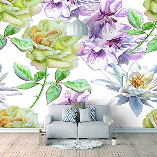 FVGKYS Wandbilder Schlafzimmer Erwachsene Kinder Tapete Plakate 3D Lila Weiße Blumen Selbstklebend Wandgemälde Wandtattoo Kunst Dekoration Für Wohnzimmer Küche Wanddekoration 350x256cm