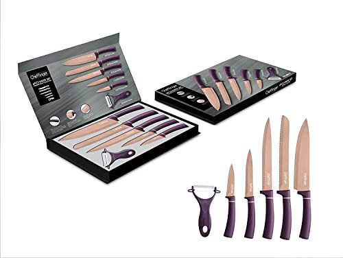 6 Piece Jeu de Couteaux Mauve Or Edtition (5 Couteaux & 1 Éplucheur) Inox En Pliant Avec Fermeture Magnétique Pointu Lames de Couteaux Couteau de Cuisine Chef Couteau pour Pizza Motif 2