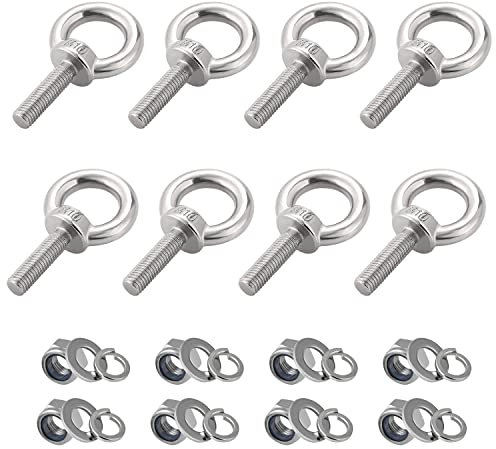 hannger Eye Bolts with Nuts, M10 8Pcs EyeBolts Stainless Steel Machinery Shoulder Lifting Ring Eye Bolt Heavy Duty Screws Bolt with Lock Nuts & Lock Washers, Flat Washers - Thread Length 35mm